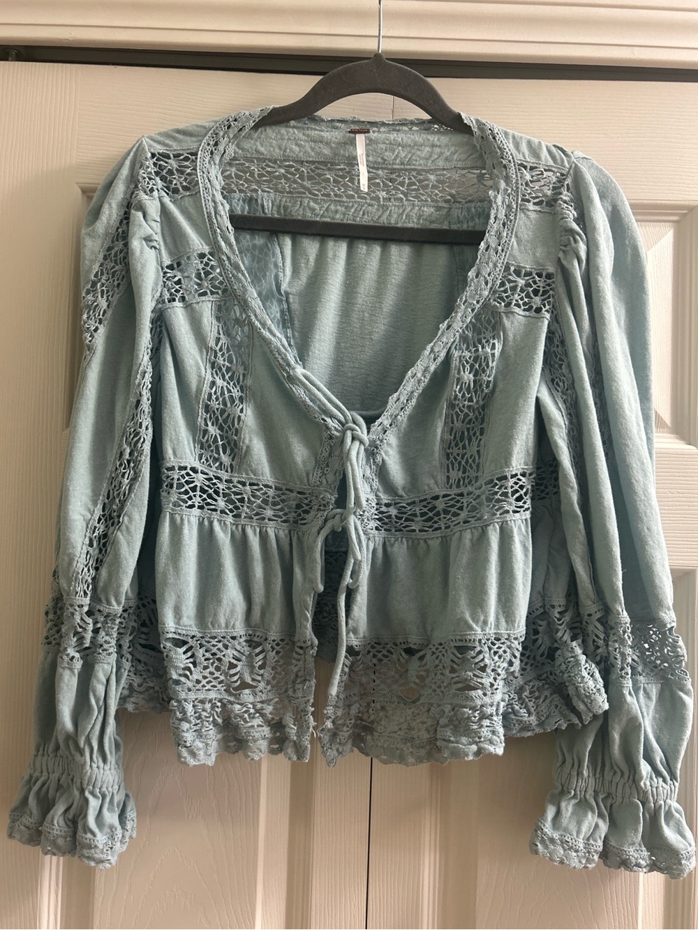 Free People Open Front Cardigan Women’s M Light Blue Lace Tie Closure Boho